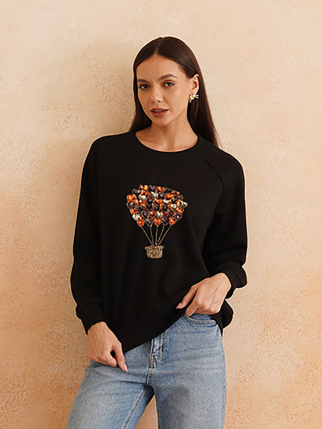 Full Sleeve Black Embroidered Light Winter Sweatshirts Beatnik