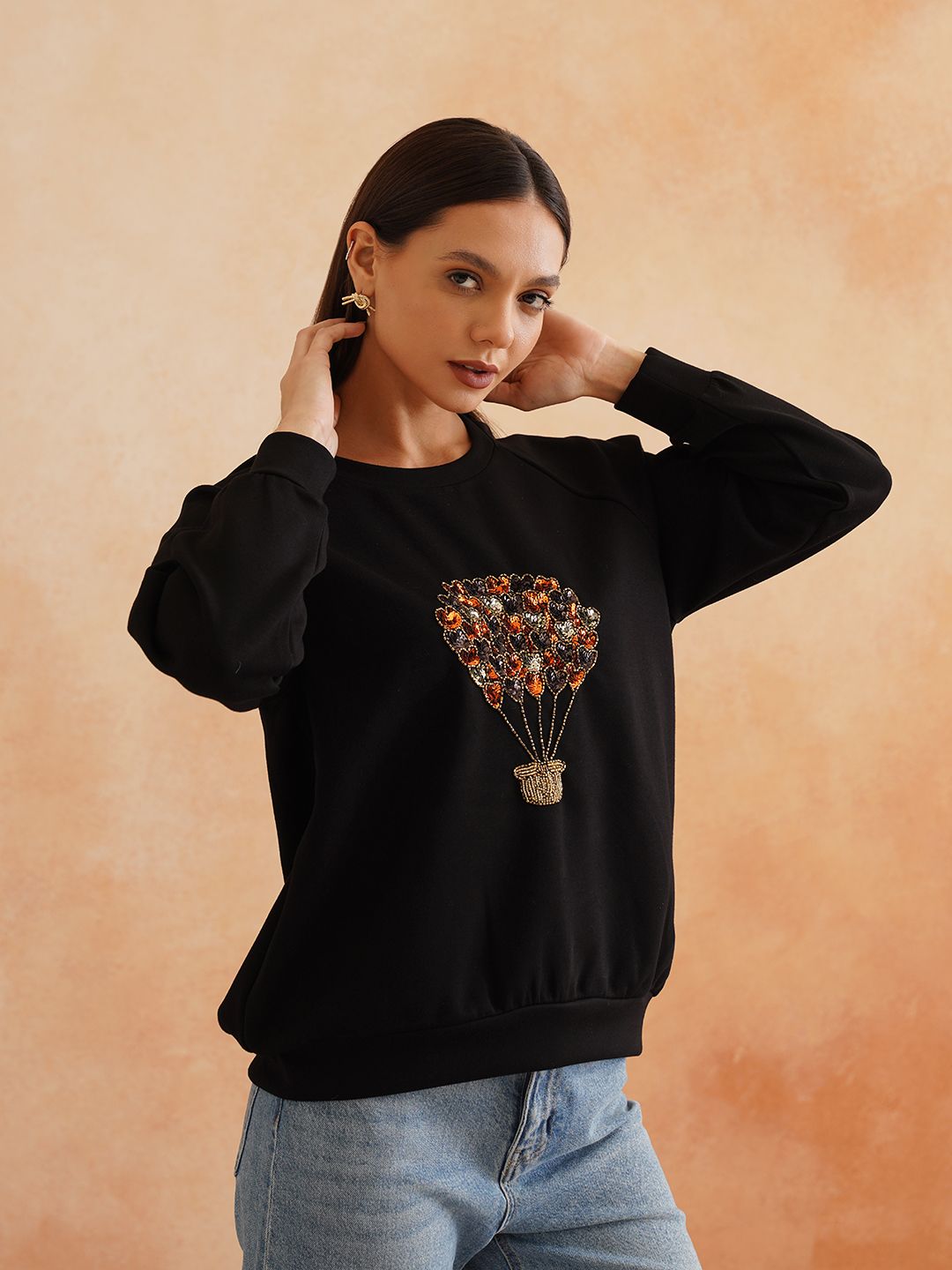Full Sleeve Black Embroidered Light Winter Sweatshirts Beatnik