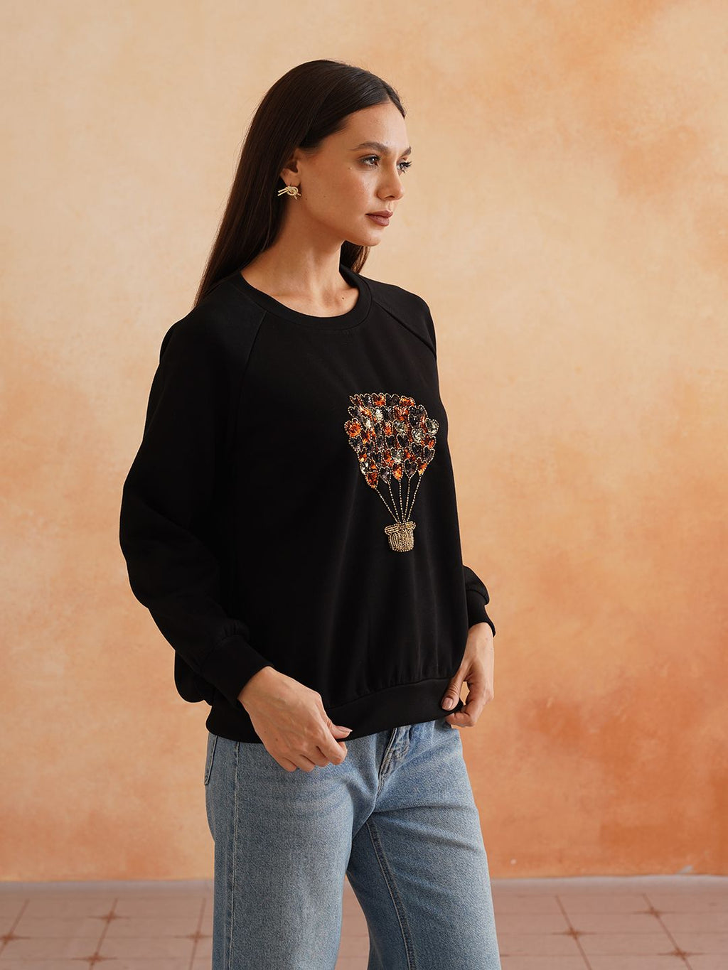 Full Sleeve Black Embroidered Light Winter Sweatshirts Beatnik