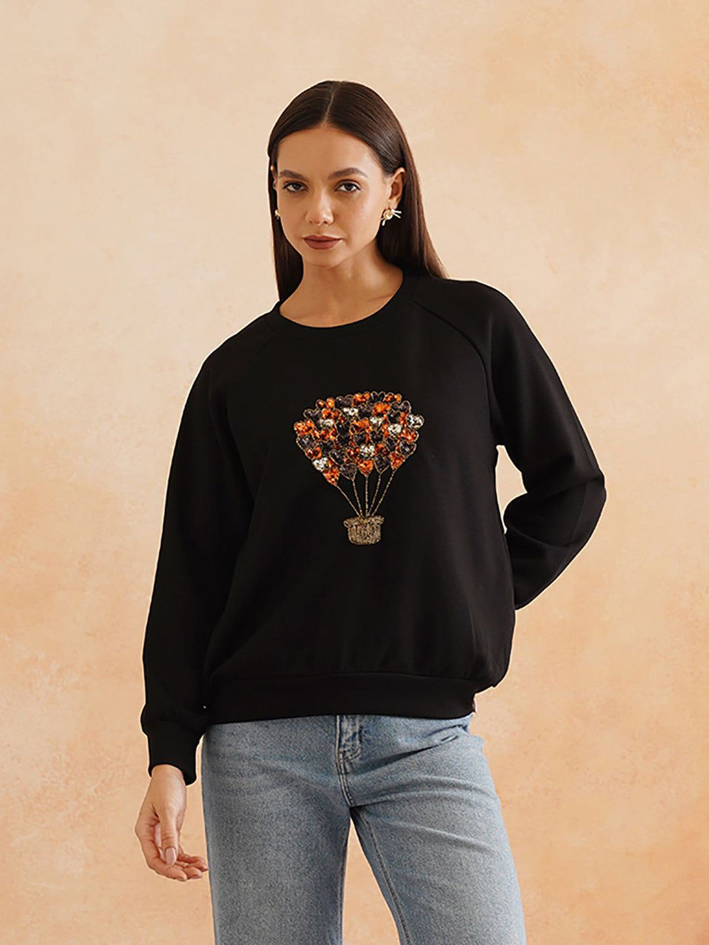 Full Sleeve Black Embroidered Light Winter Sweatshirts Beatnik