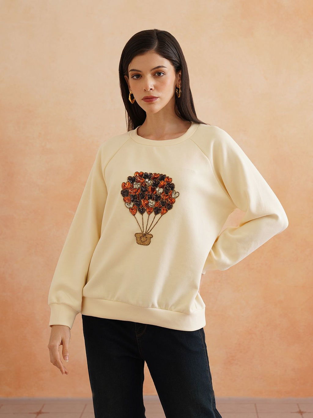 Full Sleeve Cream Embroidered Light Winter Sweatshirts Beatnik
