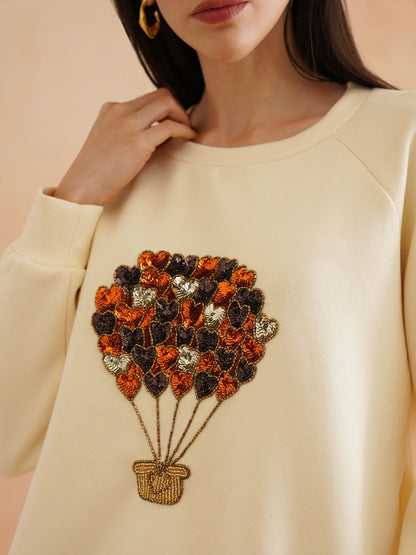 Full Sleeve Cream Embroidered Light Winter Sweatshirts Beatnik