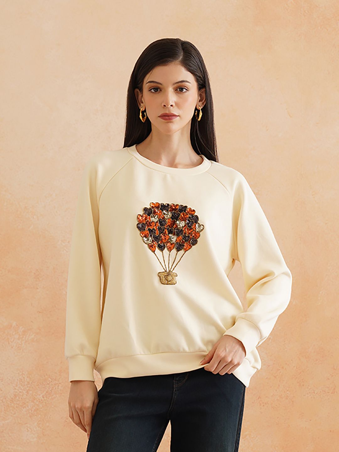 Full Sleeve Cream Embroidered Light Winter Sweatshirts Beatnik