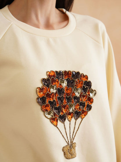 Full Sleeve Cream Embroidered Light Winter Sweatshirts Beatnik