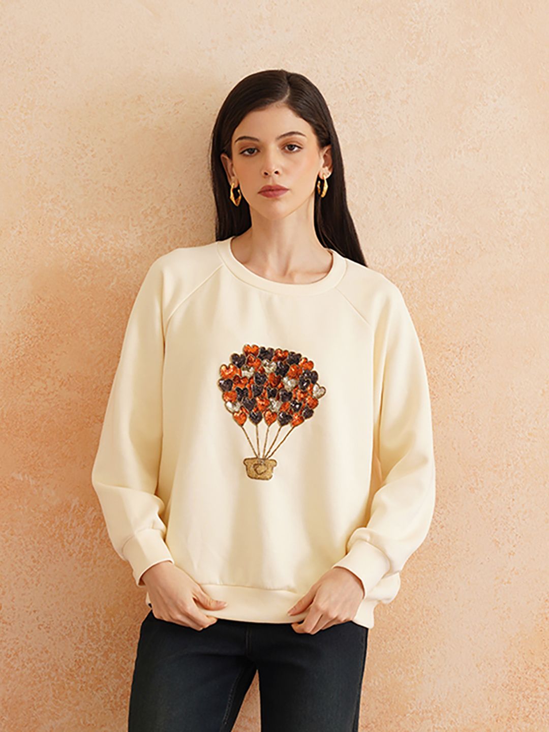 Full Sleeve Cream Embroidered Light Winter Sweatshirts