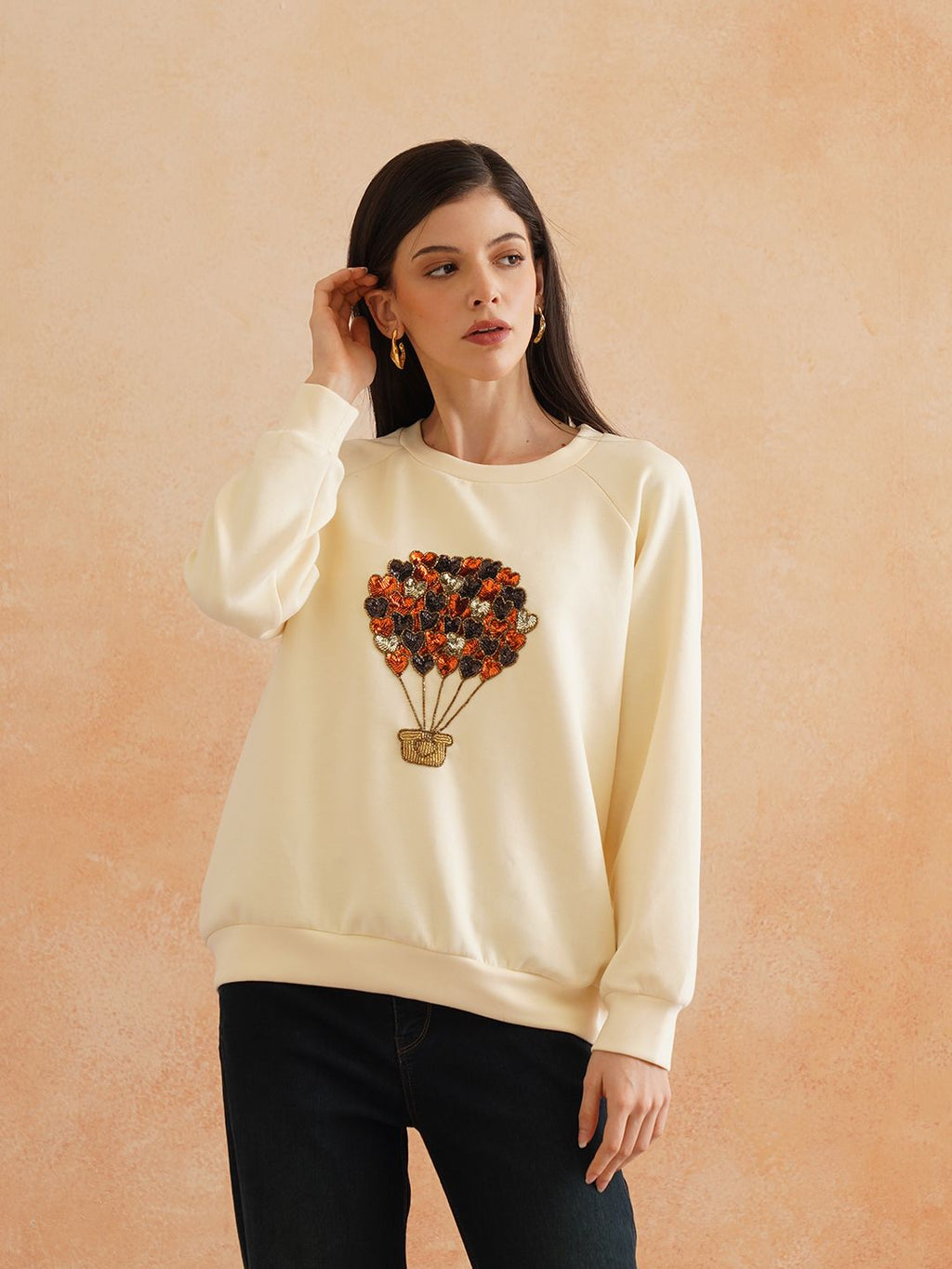 Full Sleeve Cream Embroidered Light Winter Sweatshirts Beatnik