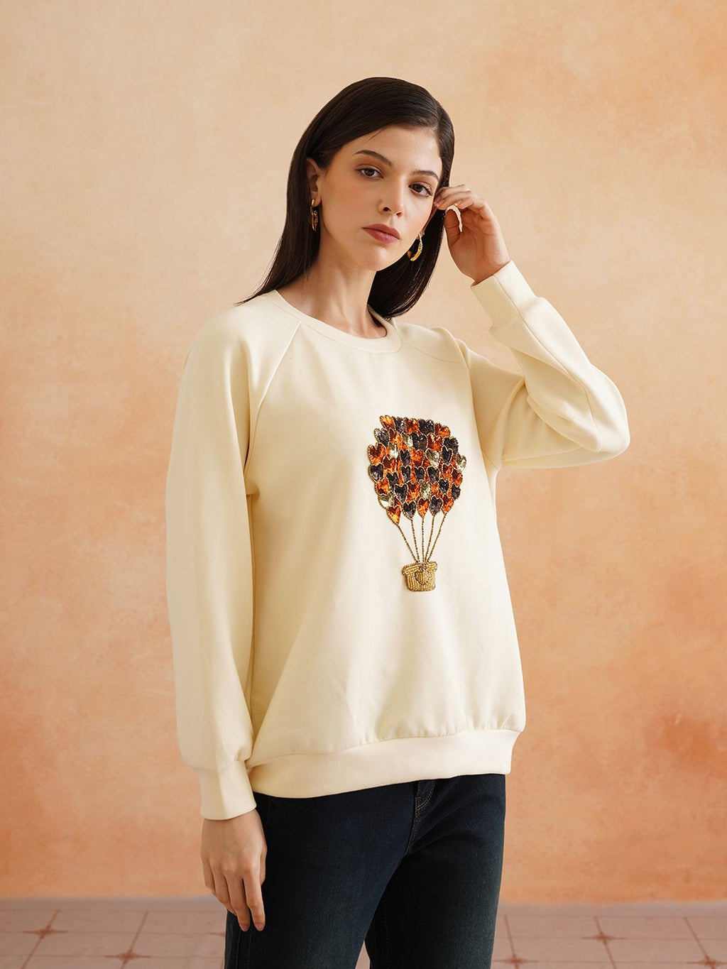 Full Sleeve Cream Embroidered Light Winter Sweatshirts Beatnik