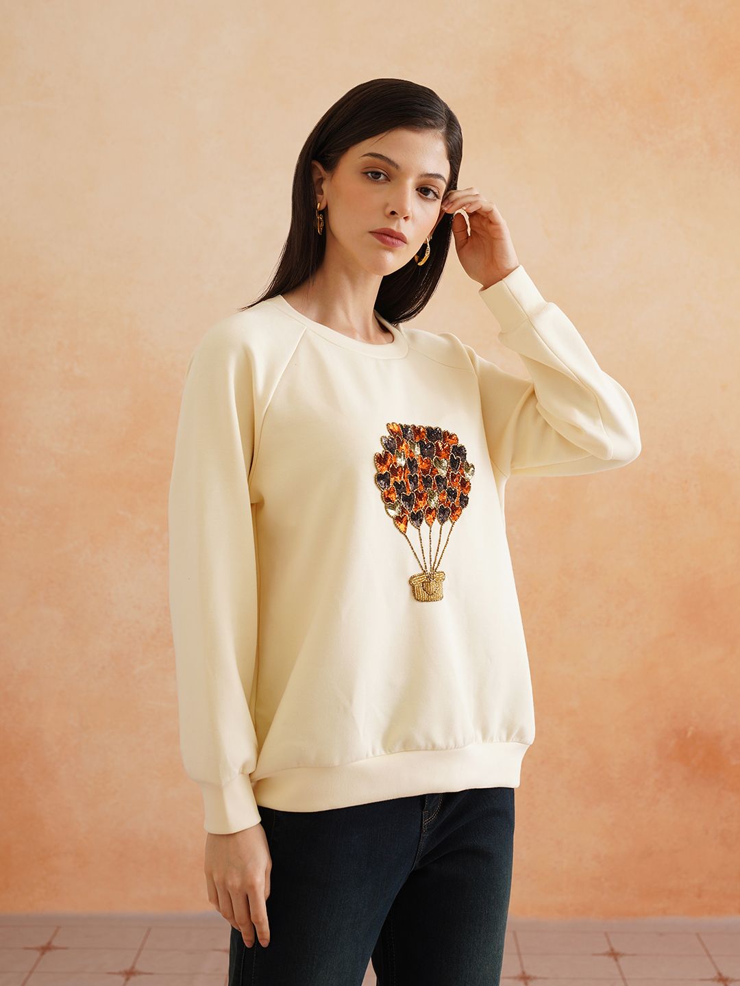 Full Sleeve Cream Embroidered Light Winter Sweatshirts Beatnik
