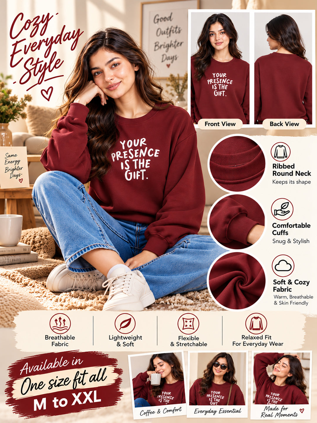 Women's Maroon Sweatshirt with Graphic Print