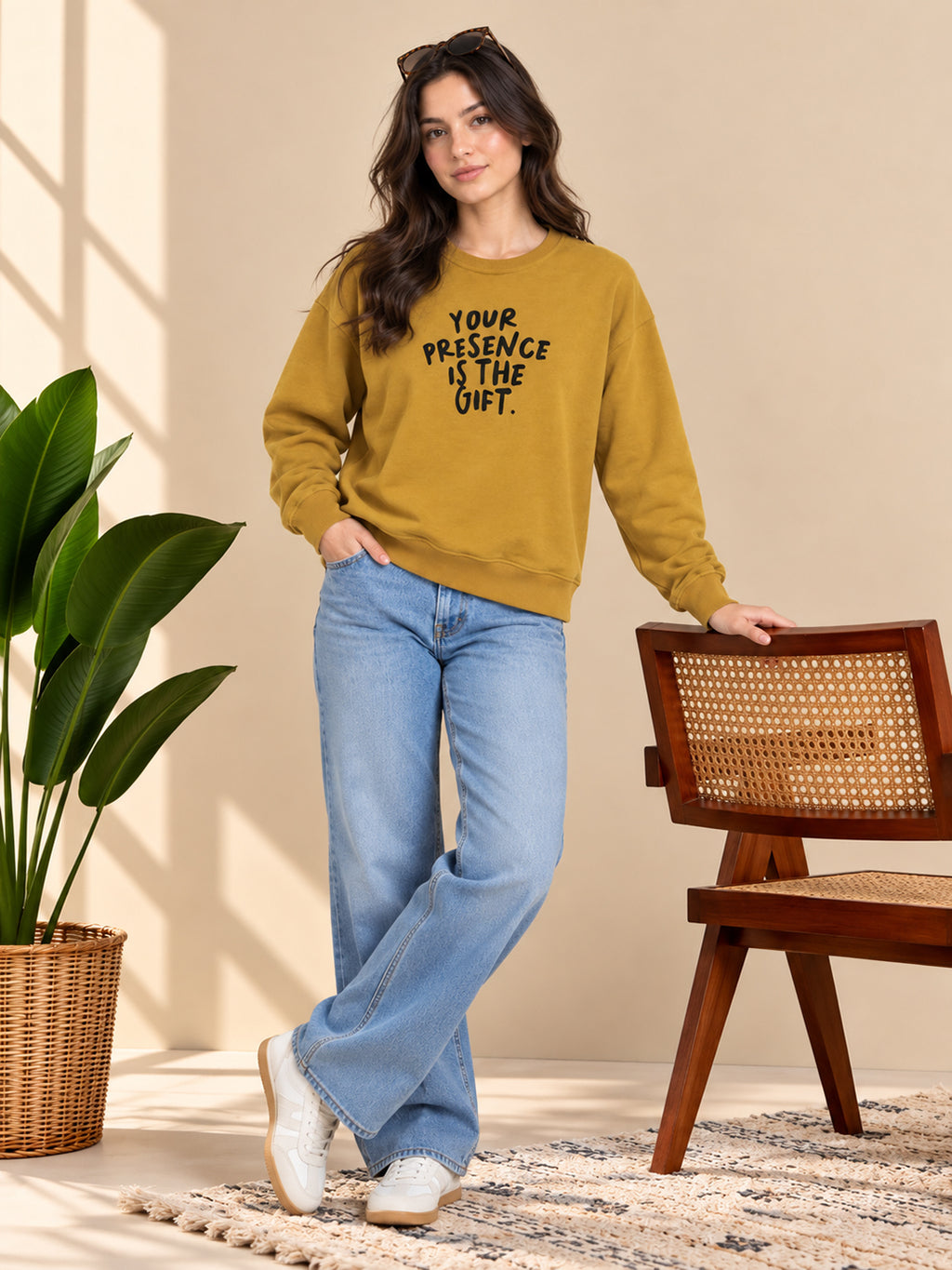 Women's Mustard Sweatshirt with Graphic Print