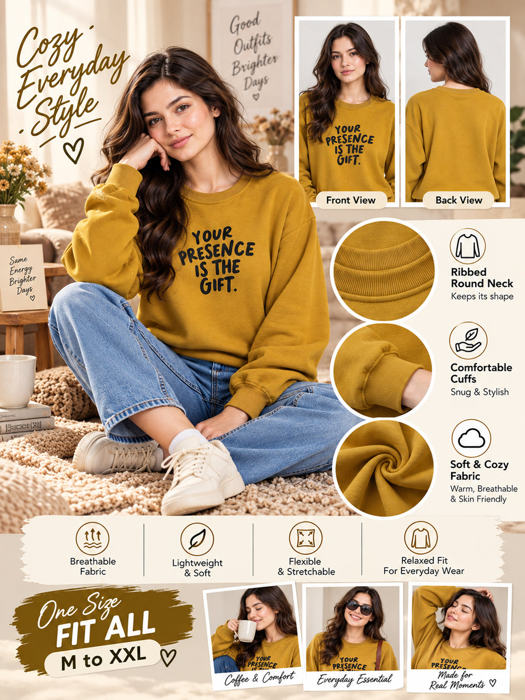 Women's Mustard Sweatshirt with Graphic Print