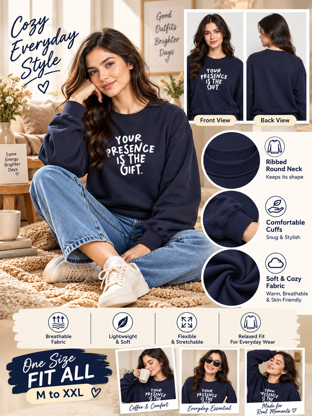 Women's Navy Blue Sweatshirt with Graphic Print