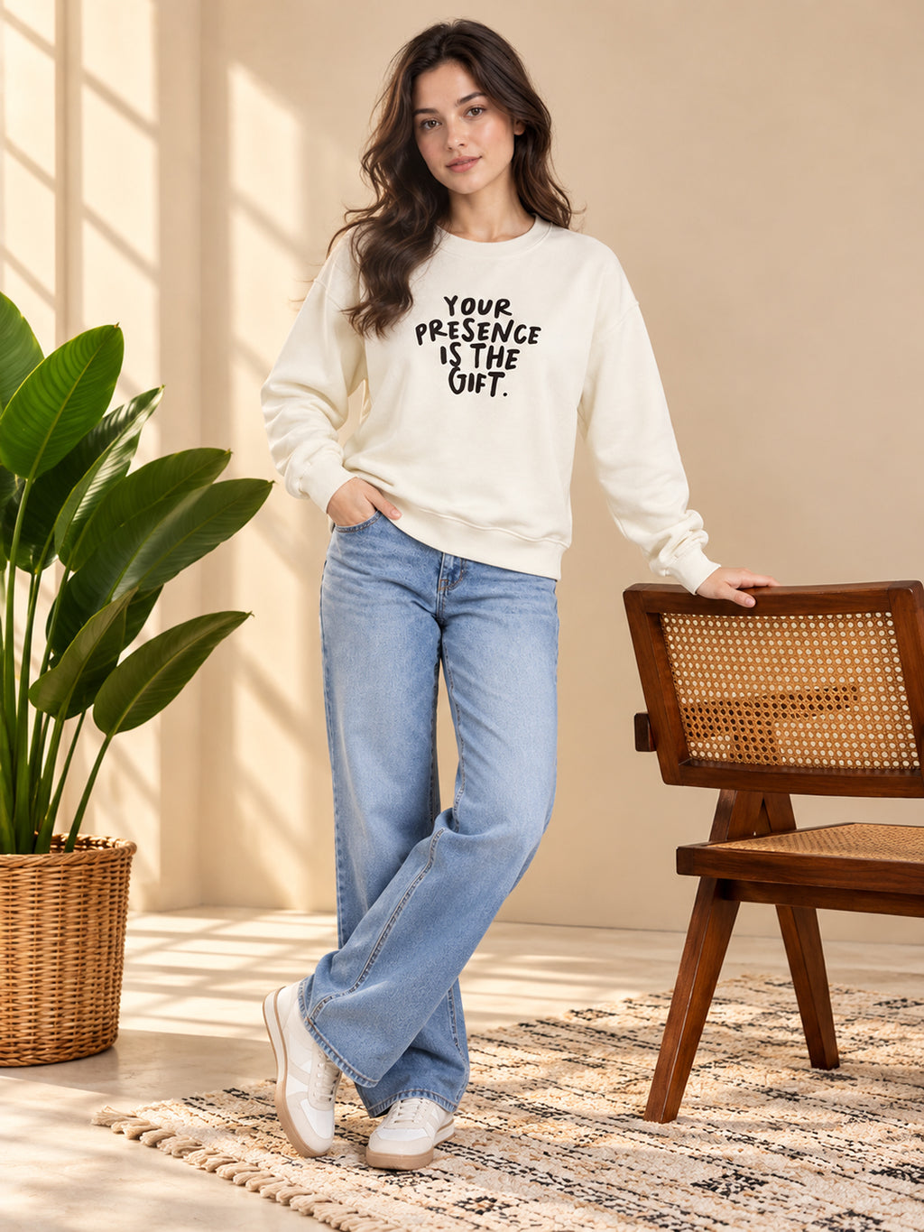 Women's Cream Sweatshirt with Graphic Print