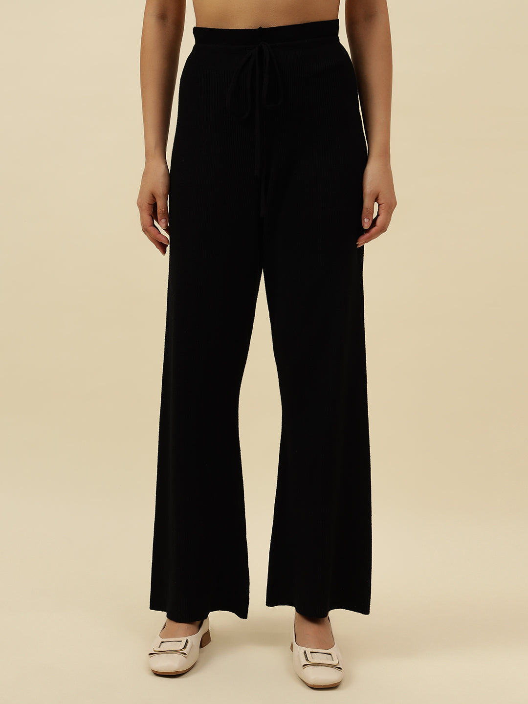 High-Rise Drawstring Ribbed Stretchable Winter Black Treggings Beatnik