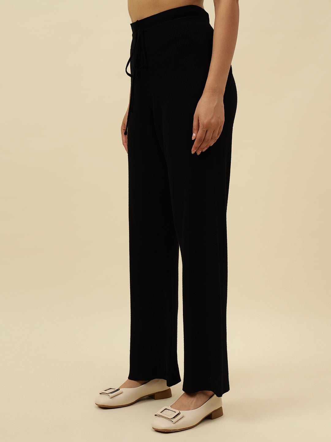 High-Rise Drawstring Ribbed Stretchable Winter Black Treggings Beatnik