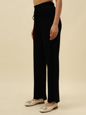 High-Rise Drawstring Ribbed Stretchable Winter Black Treggings Beatnik