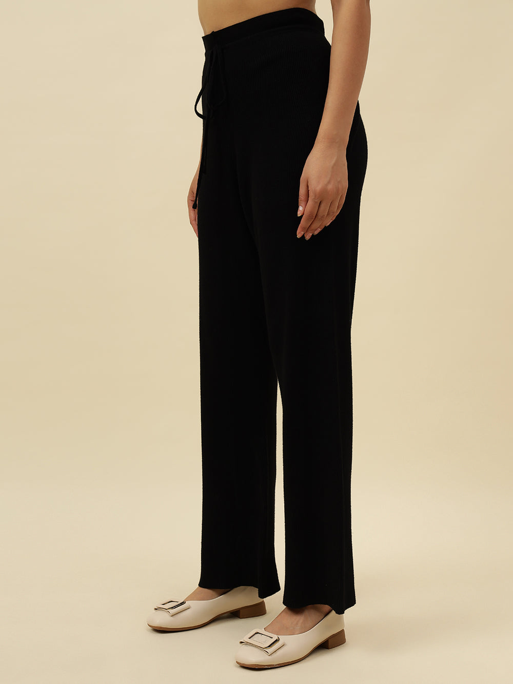 High-Rise Drawstring Ribbed Stretchable Winter Black Treggings Beatnik