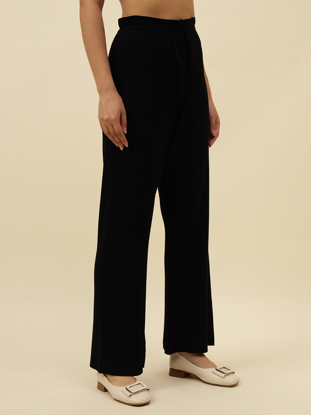High-Rise Drawstring Ribbed Stretchable Winter Black Treggings Beatnik