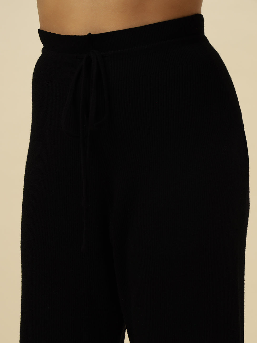 High-Rise Drawstring Ribbed Stretchable Winter Black Treggings Beatnik