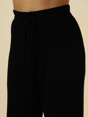 High-Rise Drawstring Ribbed Stretchable Winter Black Treggings Beatnik