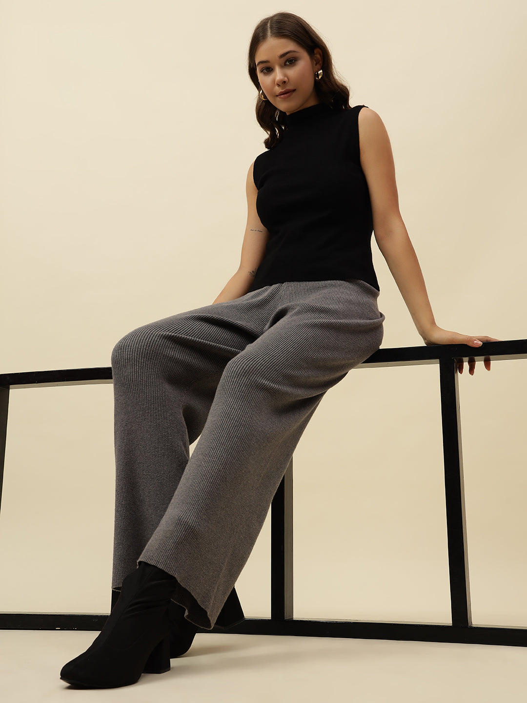 High-Rise Drawstring Ribbed Stretchable Winter Grey Treggings Beatnik