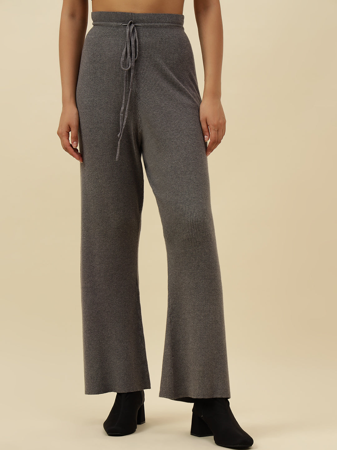 High-Rise Drawstring Ribbed Stretchable Winter Grey Treggings Beatnik