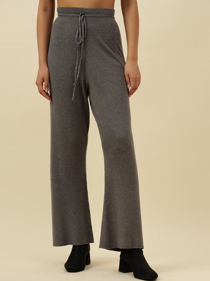 High-Rise Drawstring Ribbed Stretchable Winter Grey Treggings Beatnik