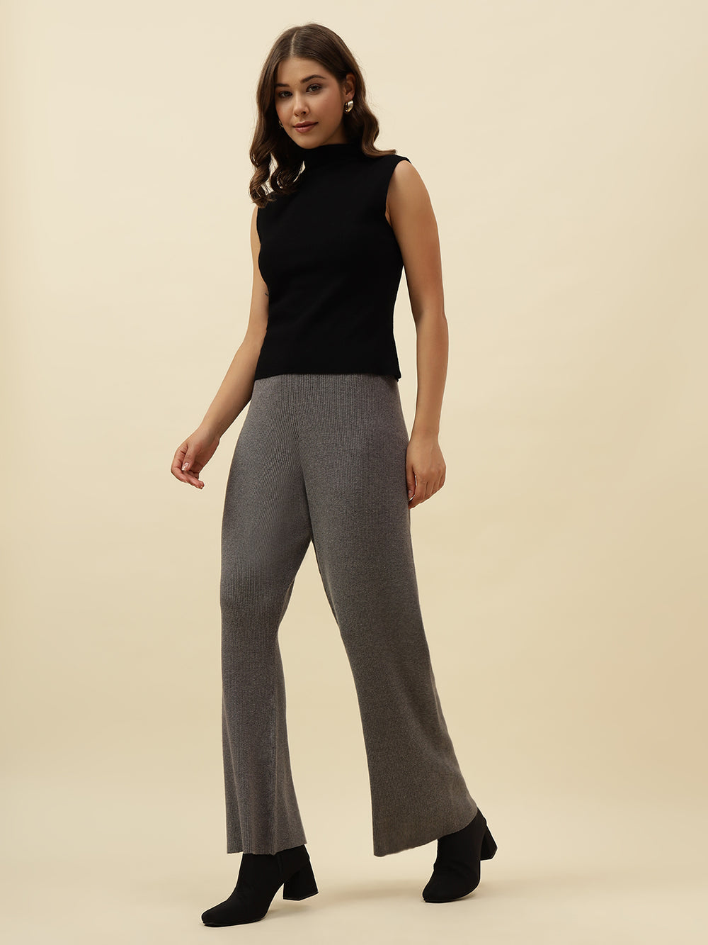 High-Rise Drawstring Ribbed Stretchable Winter Grey Treggings Beatnik