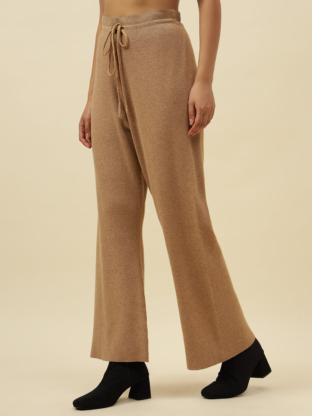 High-Rise Drawstring Ribbed Stretchable Winter Khaki Treggings Beatnik