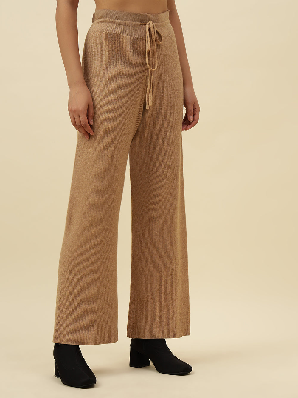 High-Rise Drawstring Ribbed Stretchable Winter Khaki Treggings Beatnik