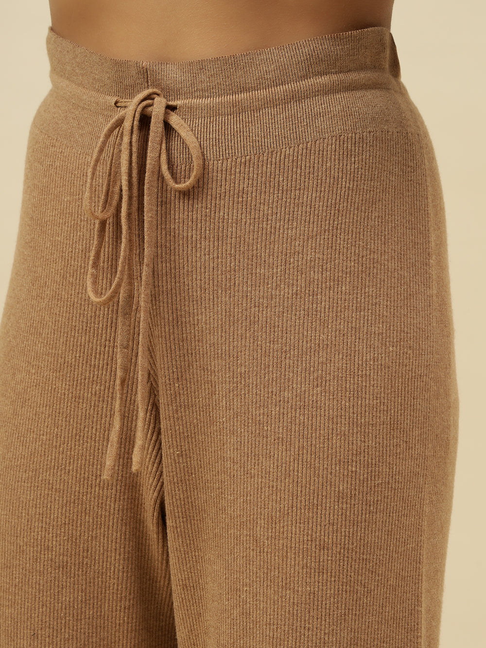 High-Rise Drawstring Ribbed Stretchable Winter Khaki Treggings Beatnik