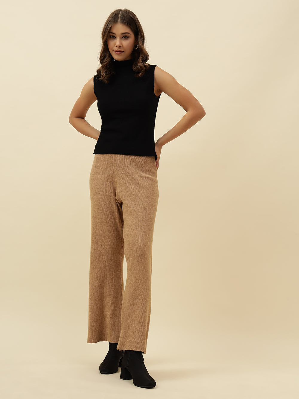 High-Rise Drawstring Ribbed Stretchable Winter Khaki Treggings Beatnik