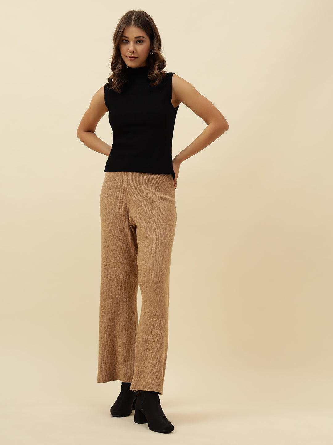 High-Rise Drawstring Ribbed Stretchable Winter Khaki Treggings