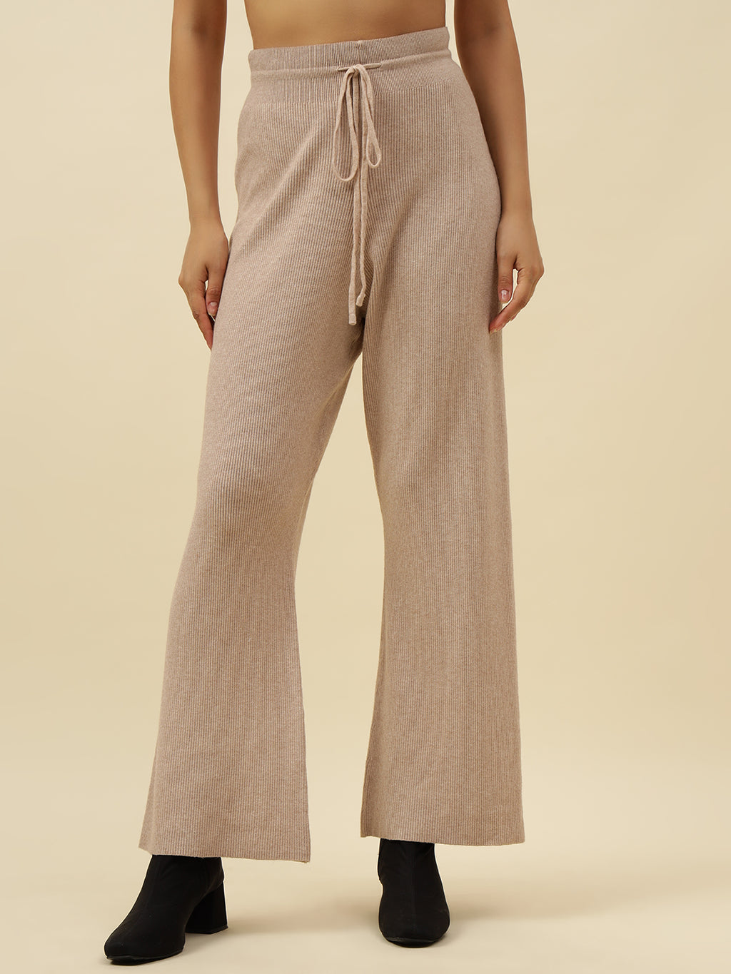 High-Rise Drawstring Ribbed Stretchable Winter Off White Treggings Beatnik