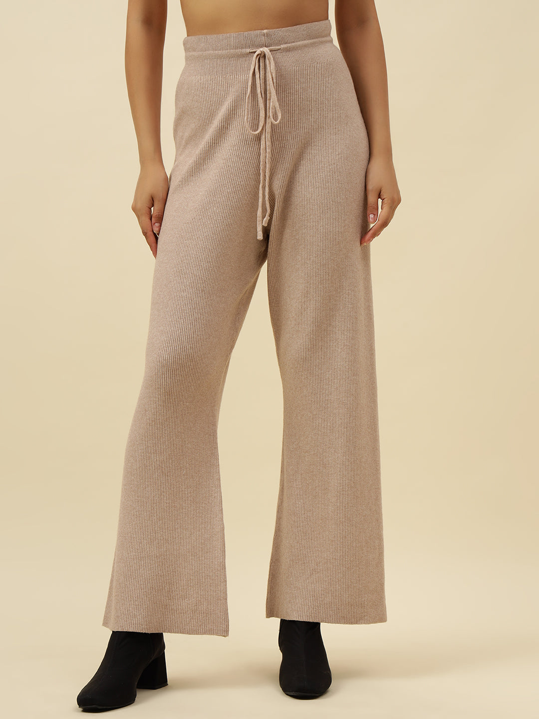 High-Rise Drawstring Ribbed Stretchable Winter Off White Treggings Beatnik