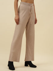 High-Rise Drawstring Ribbed Stretchable Winter Off White Treggings Beatnik