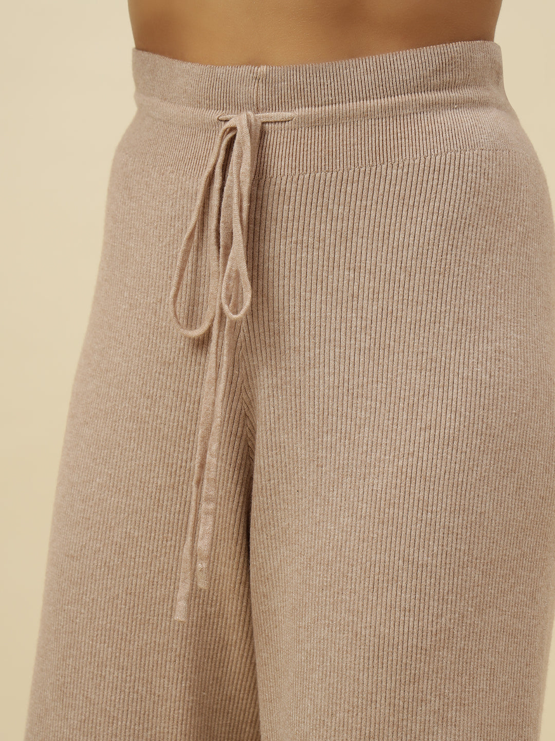 High-Rise Drawstring Ribbed Stretchable Winter Off White Treggings Beatnik