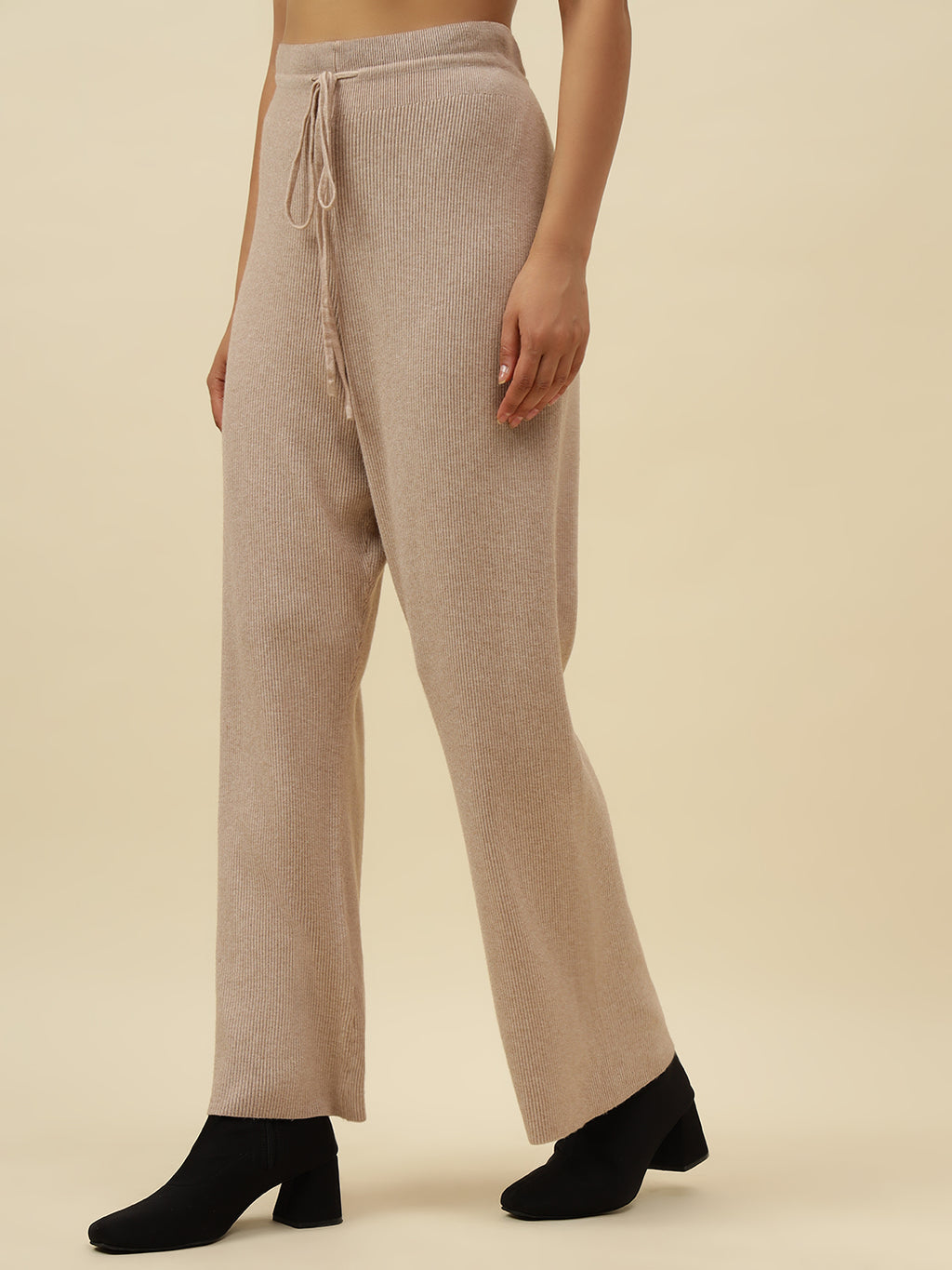 High-Rise Drawstring Ribbed Stretchable Winter Off White Treggings