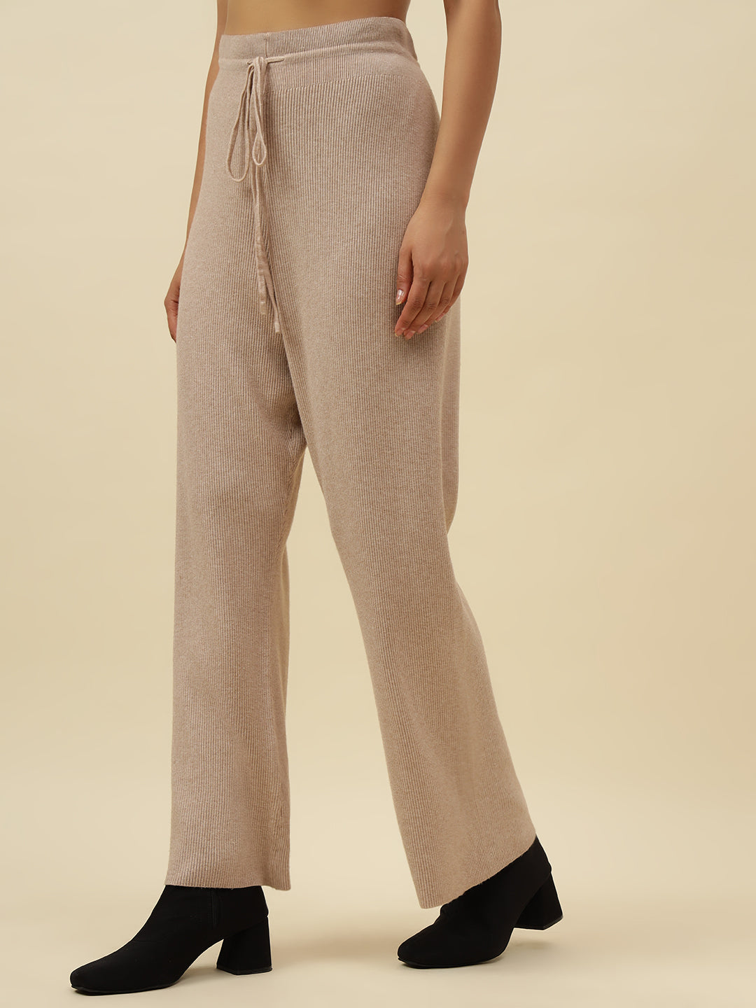 High-Rise Drawstring Ribbed Stretchable Winter Off White Treggings