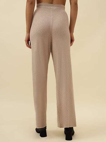 High-Rise Drawstring Ribbed Stretchable Winter Off White Treggings