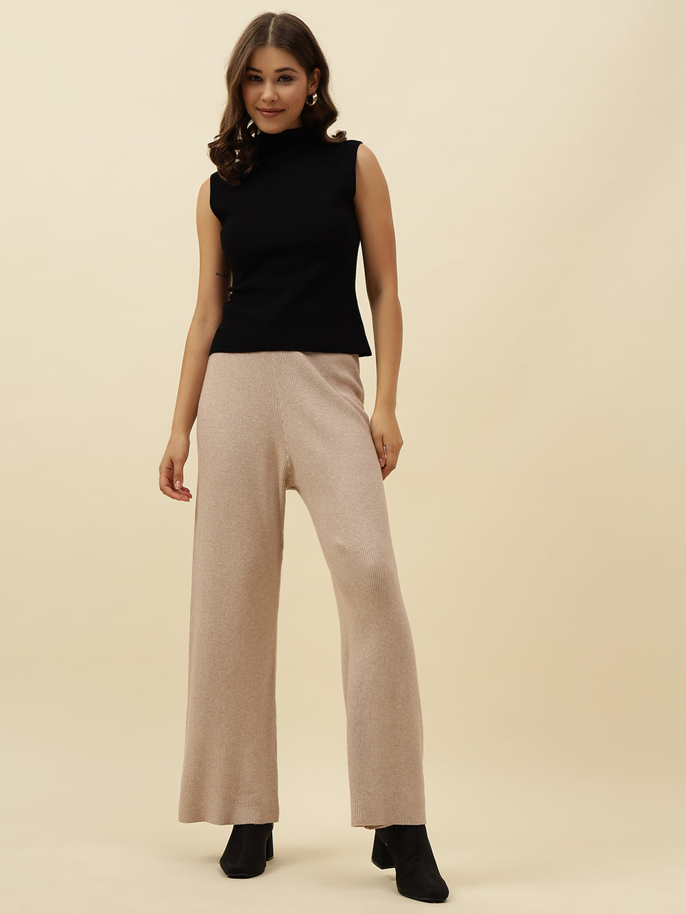 High-Rise Drawstring Ribbed Stretchable Winter Off White Treggings