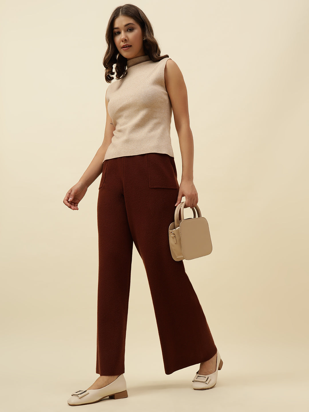 Cozy High-Rise Winter Brown Treggings with Pockets Beatnik