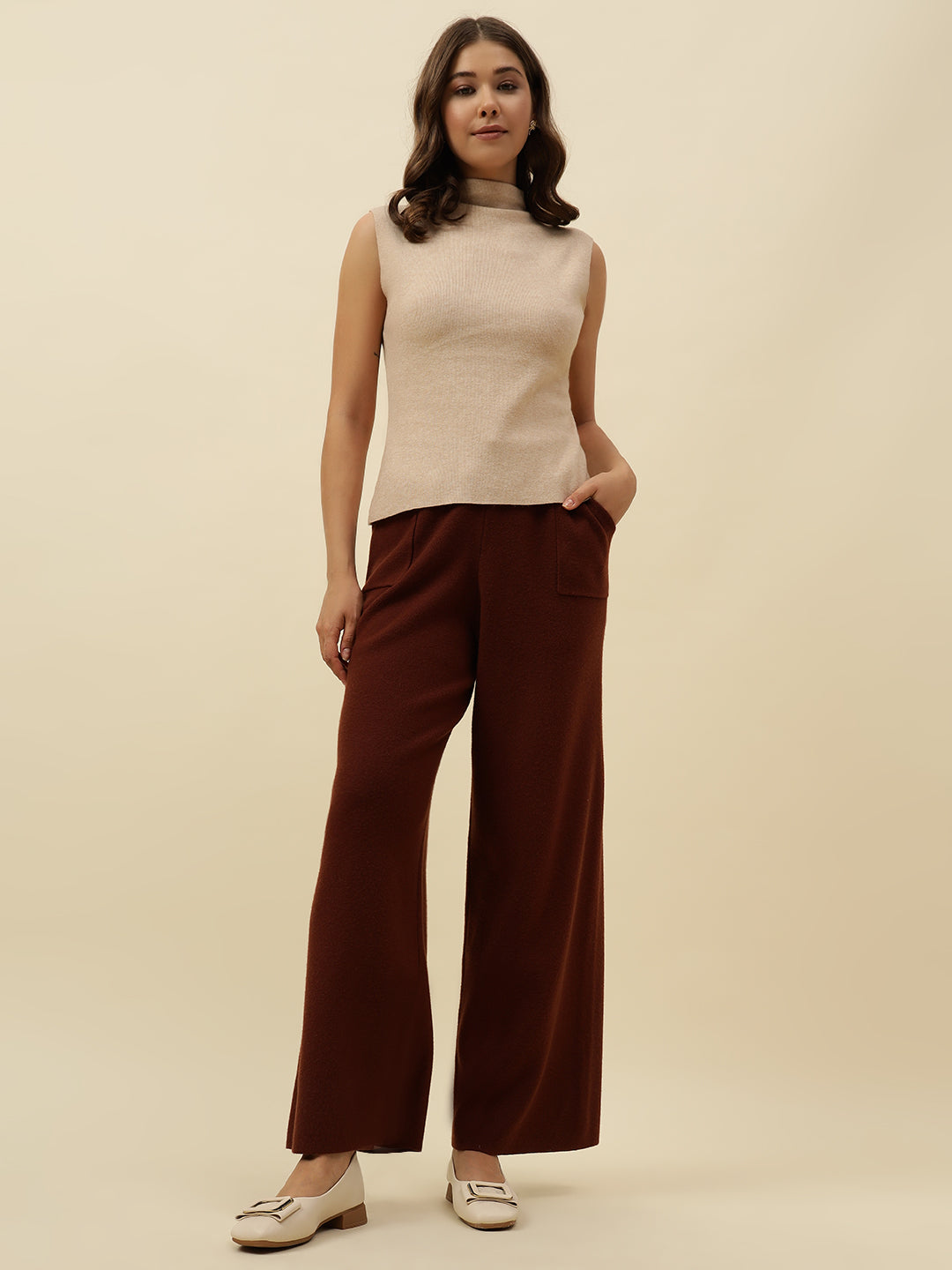 Cozy High-Rise Winter Brown Treggings with Pockets Beatnik