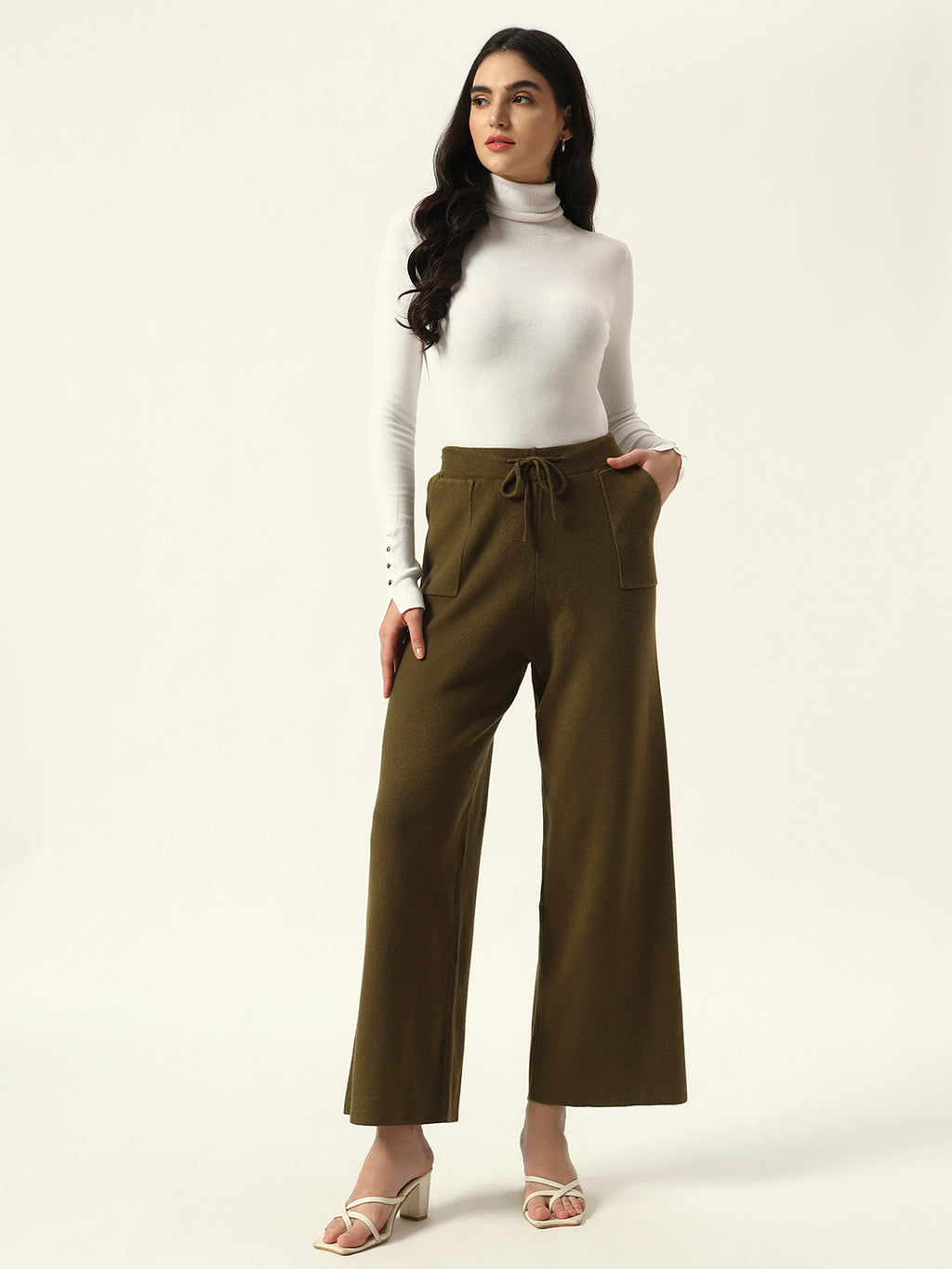 Cozy High-Rise Winter Olive Green Treggings with Pockets