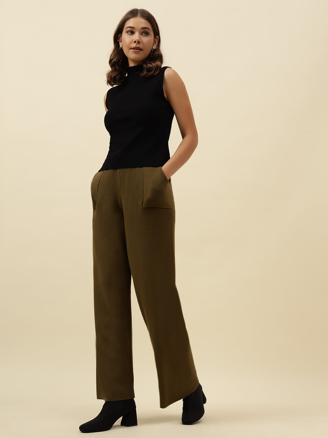 Cozy High-Rise Winter Olive Green Treggings with Pockets Beatnik