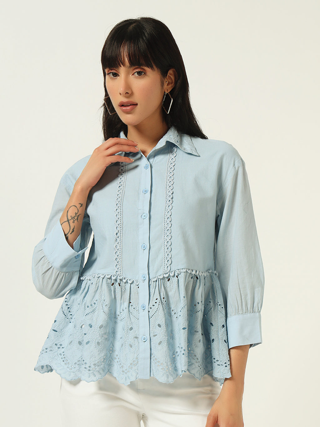 Beatnik Floral Embroidered Cotton Schiffli Cambric Blue Peplum Top