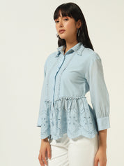 Beatnik Floral Embroidered Cotton Schiffli Cambric Blue Peplum Top