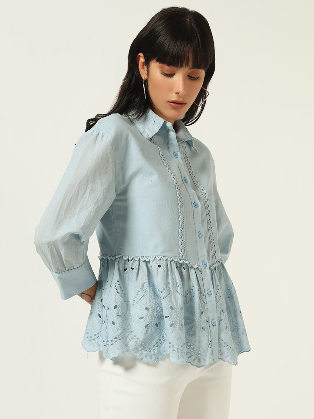 Beatnik Floral Embroidered Cotton Schiffli Cambric Blue Peplum Top