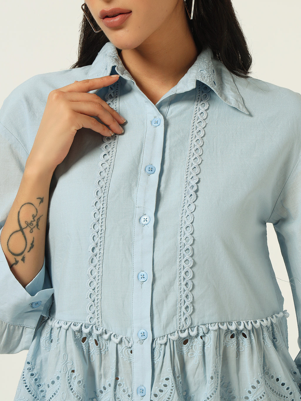 Beatnik Floral Embroidered Cotton Schiffli Cambric Blue Peplum Top