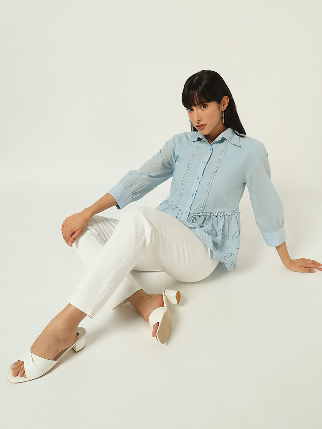 Beatnik Floral Embroidered Cotton Schiffli Cambric Blue Peplum Top